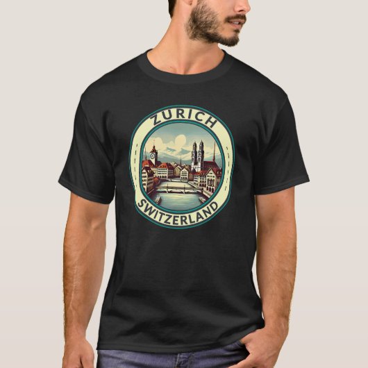 Zürich Zwitserland Illustratie Travel Art Badge T-shirt (Voorkant)
