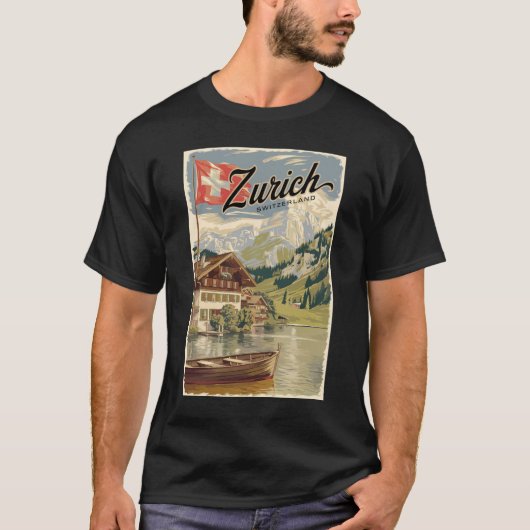Zürich Zwitserland Painterly Travel Art Vintage T-shirt (Voorkant)