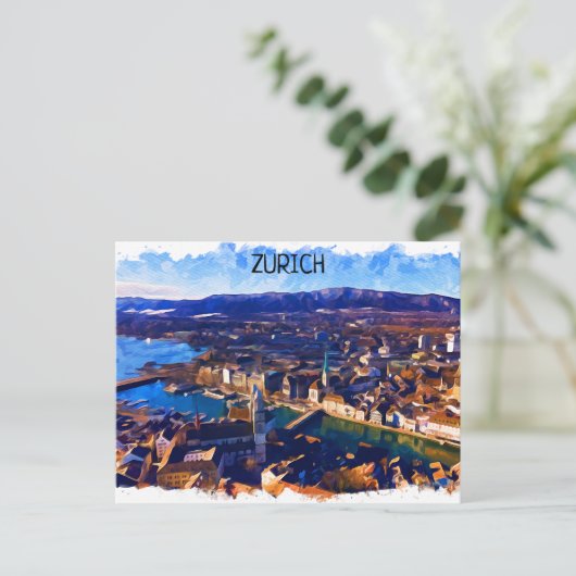 Zürich Zwitserland Panorama Uitzicht Waterverf Briefkaart (Staand voorkant)