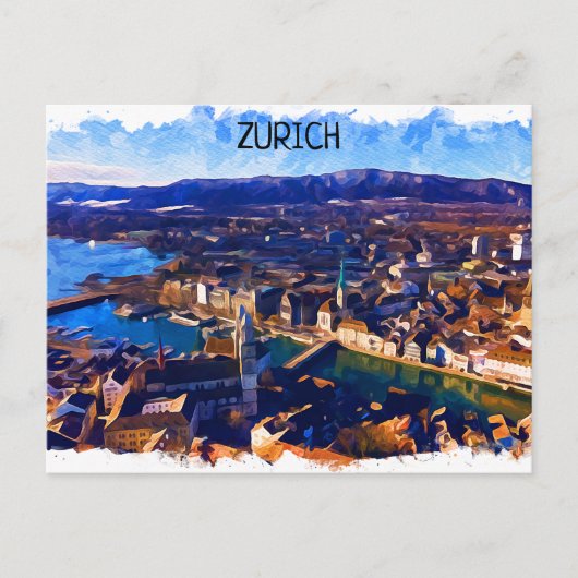 Zürich Zwitserland Panorama Uitzicht Waterverf Briefkaart (Voorkant)