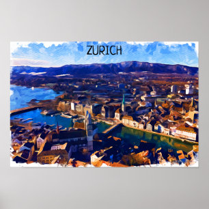 Zürich Zwitserland Panorama Uitzicht Waterverf Poster