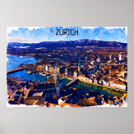 Zürich Zwitserland Panorama Uitzicht Waterverf Poster (Voorkant)