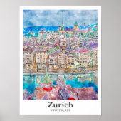 Zürich Zwitserland Reizen Waterverf Hand getekend Poster (Voorkant)