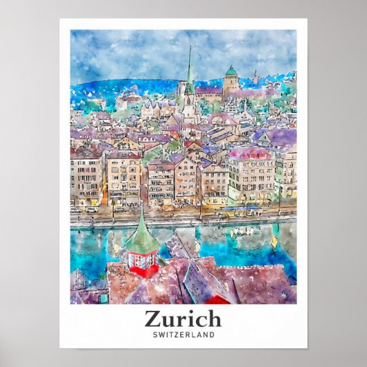 Zürich Zwitserland Reizen Waterverf Hand getekend Poster (Voorkant)