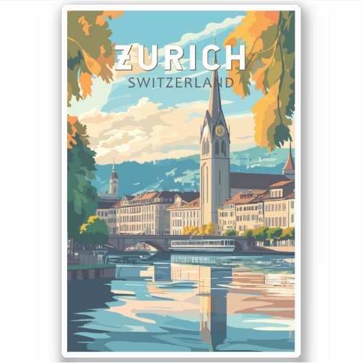Zürich Zwitserland Travel Art Vintage Sticker (Voorkant)
