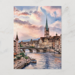 Zürich Zwitserland Waterverf Schilderij Briefkaart