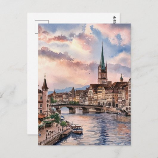 Zürich Zwitserland Waterverf Schilderij Briefkaart (Voorkant / Achterkant)