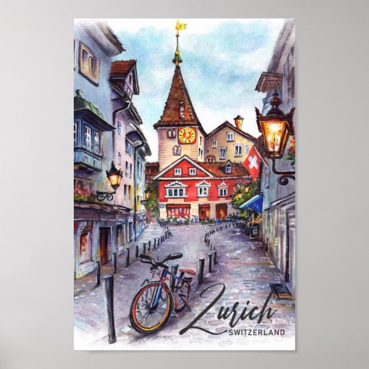 Zürich Zwitserland Waterverf Schilderij Reizen Poster (Voorkant)