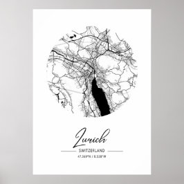 Zürich - Zwitserland Zwarte-waterkaart Poster