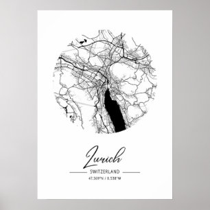 Zürich - Zwitserland Zwarte-waterkaart Poster
