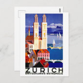 Zurich, Zwitserse stad, kerk, vintage-reis Briefkaart (Voorkant / Achterkant)