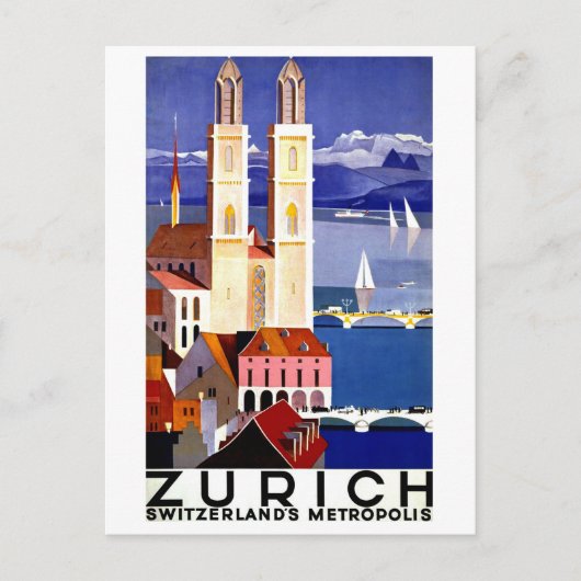 Zurich, Zwitserse stad, kerk, vintage-reis Briefkaart (Voorkant)