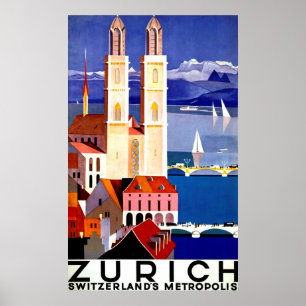 Zurich, Zwitserse stad, kerk, vintage-reis Poster