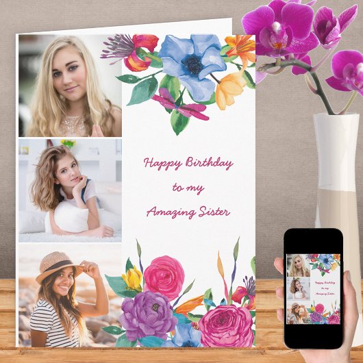 Zus 3 foto Bright Waterverf Floral Birthday Kaart