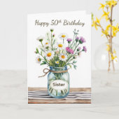 Zus 50ste verjaardag Wilde Bloemen Metselaars Pot Kaart (Gele Bloem)