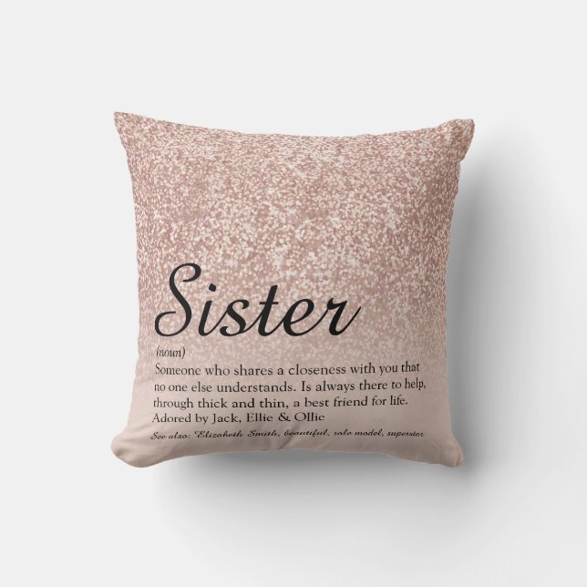Zus Definitie Roze Goud Glitter Chic Script Kussen (Voorkant)