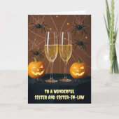 Zus en zus in de wet Happy Halloween Champagne Kaart (Voorkant)