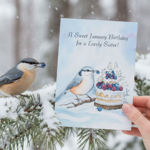 Zus Gelukkige Januari Verjaardag Rode Borst Vogel Kaart