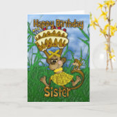 Zus Gelukkige Verjaardag met aap die taart vasthou Kaart (Gele Bloem)