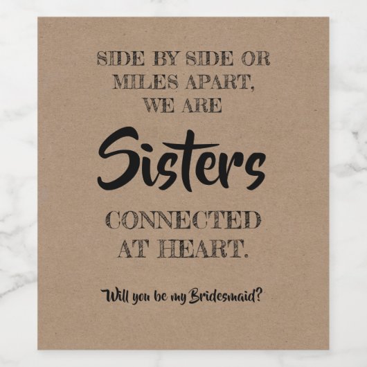 Zus in hart - Lief bruidsmeisje voorstel Wijn Etiket (Enkel label)