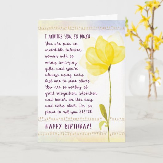 Zus Verjaardag, ik bewonder je zo erg Kaart (Gele Bloem)