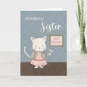 Zus Verjaardag Kat in een Jurk Holding Flower Kaart