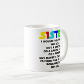 Zusje cadeaus, grappig zusje, zuster mok, kist koffiemok (Voorkant rechts)