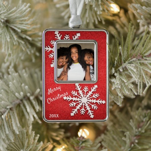Zussen/familiesnowflake en rood glitter verzilverd omlijst ornament (Boom)