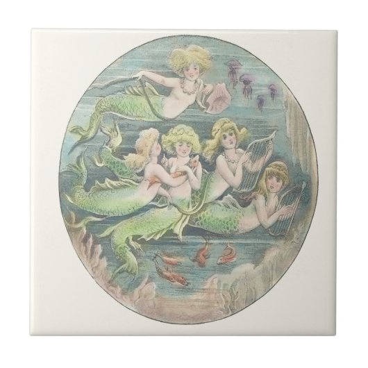  zussen van zeemeermin die zwemmen met goudvis tegeltje (Voorkant)