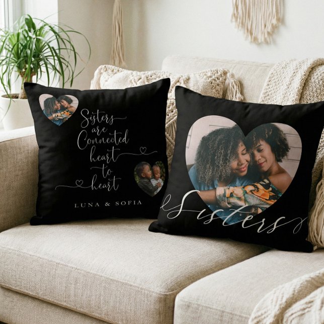 Zussen Verbonden hart met hart | Zuster-foto's Kussen (Personalized Gift For Sisters Heart Photo Keepsake Throw Pillow)