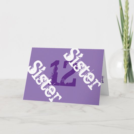 Zuster, 12e verjaardag, wit op paarse. kaart (Voorkant)