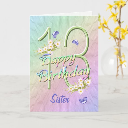 zuster 13th Birthday Butterfly Garden Card Kaart (Gele Bloem)