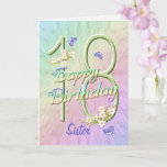 Zuster 18th Birthday Butterfly Garden Kaart<br><div class="desc">Een regenboog van kleuren, roze bloemen en lavender vlinders vult deze 18e Happy Birthday-kaart met vreugde voor de zus. De voornaam en de binnenzijde mogen gepersonaliseerd zijn met behulp van de sjabloon die wordt verstrekt. Je kunt ook genieten van de overeenkomende cadeaus en andere producten die in mijn winkel beschikbaar...</div>