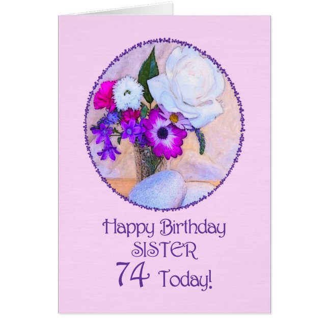 Zuster, 74ste verjaardag met geverfde bloemen. (Voorkant)