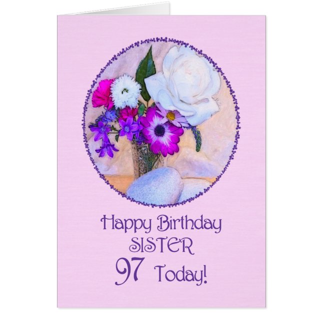 Zuster, 97e verjaardag met geverfde bloemen. (Voorkant)