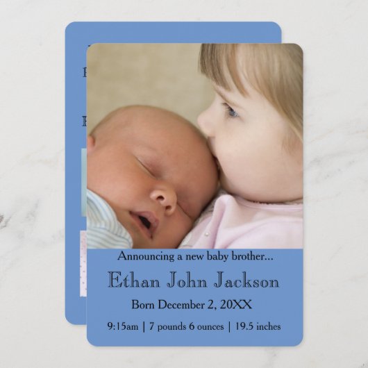 Zuster Announcing Brother's Birth Blue Aankondiging (Voorkant / Achterkant)