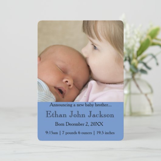 Zuster Announcing Brother's Birth Blue Aankondiging (Staand voorkant)