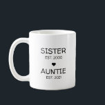 Zuster Auntie Zwangerschap Aankondiging Baby Koffiemok<br><div class="desc">Verrassend dat uw zuster of tante bij dit ontwerp op een mok voor uw baby van de zwangerschapsaankondiging is. Ideaal voor de eerste keer. Het kan ook worden gegeven als een kerstcadeau voor de beste vriend of familielid, die ook een tante is die een neef of nicht wil hebben of...</div>