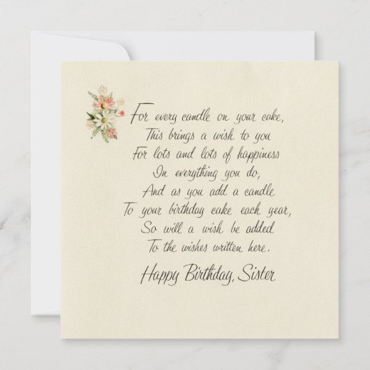 Zuster Birthday Card  Bloemkap en gedicht Kaart (Achterkant)