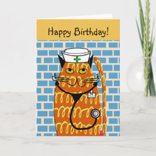 Zuster Birthday Card Whimsical Cat Nurse II Kaart