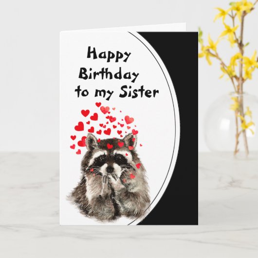 Zuster Birthday Hugs & Kisses Raccoon Animal Card Kaart (Gele Bloem)