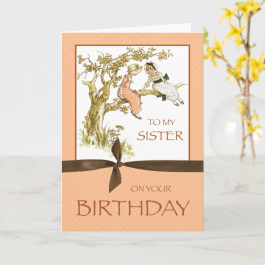 Zuster Birthday,  meisjes in Apple Tree Kaart (Gele Bloem)