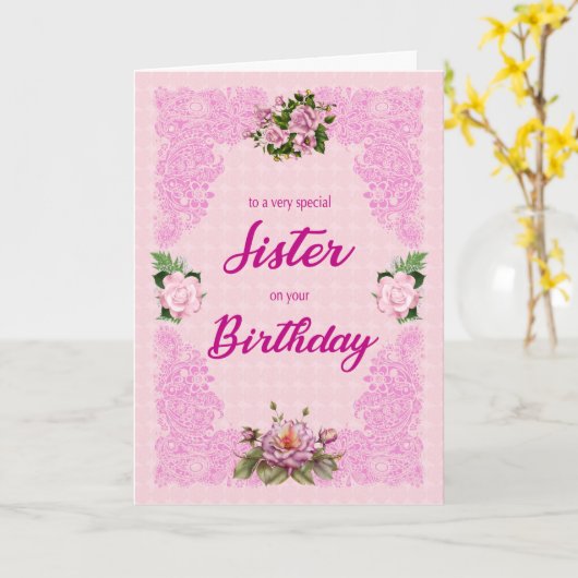 Zuster Birthday met roze rozen Kaart (Gele Bloem)