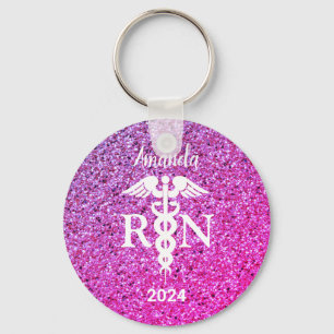 Zuster Caduceus Paars Roze Glitter Monogram Sleutelhanger