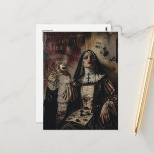 Zuster Cherry en haar kat genieten van thee Briefkaart