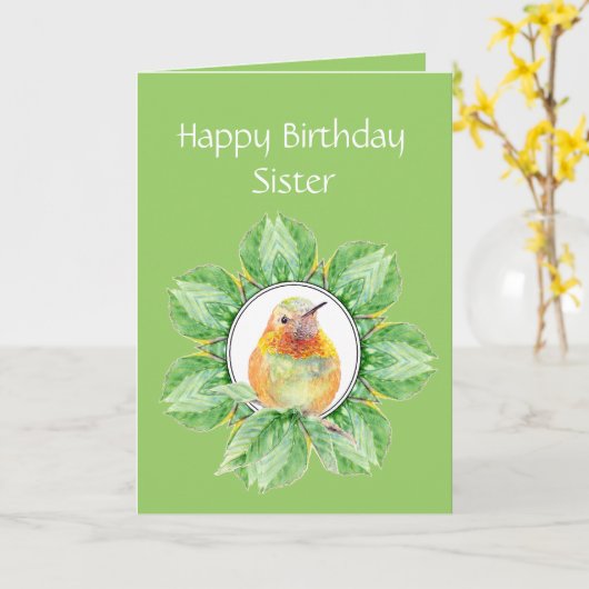 Zuster Custom Birthday Rufous Hummingbird Kaart (Gele Bloem)