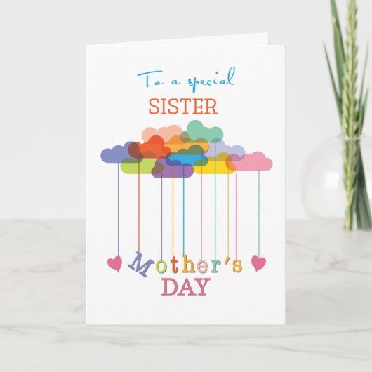 Zuster, Cute Moederdag Rainbow Clouds Hearts Kaart (Voorkant)