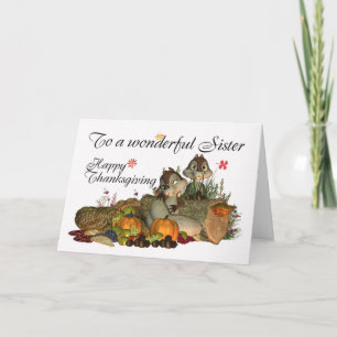 Zuster, Cute Thanksgiving Card met cornucopia, q Feestdagen Kaart