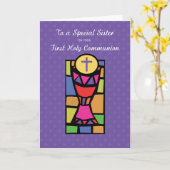 Zuster, eerste communiqué gefeliciteerd, beker en  kaart (Gele Bloem)