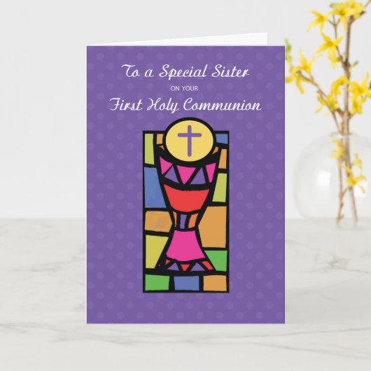 Zuster, eerste communiqué gefeliciteerd, beker en  kaart (Gele Bloem)